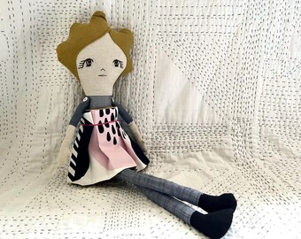 Handmade Linen Doll - Reversible Skirt + Button Arms - light skin - blonde hair - Personalized Keepsake Toy