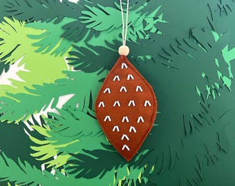 Minimalist Felt Christmas Ornament Handcrafted in Rust with Beaded Detail