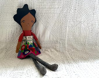 Handmade Linen Doll - Reversible Skirt + Button Arms - medium skin - dark hair - Personalized Keepsake Toy
