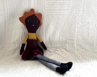 Handmade Linen Doll - Reversible Skirt + Button Arms - dark skin - ginger hair - Personalized Keepsake Toy
