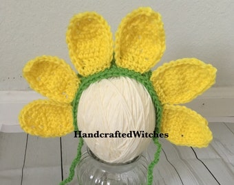 Handmade Crochet Baby Sunflower Bonnet, Newborn Photo Prop
