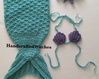 Crochet Mermaid Tail Outfit, Seashell Bikini, Star Headband
