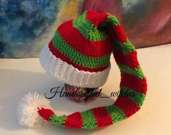 Crochet Elf hat for Christmas, Handmade beanie for the holidays, newborn- Adult size