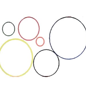 May include: An illustration of five circles of different sizes and colors. The largest circle is blue, the second largest is yellow, the third largest is red, the fourth largest is black, and the smallest circle is green.