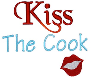 kiss the cook with lips embroidery design for apron & towels, machine files, 8 formats 3 sizes