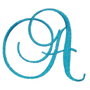 May include: A teal embroidered letter "A" in a cursive script. The letter has a flowing design with a large loop at the top and a curved bottom. The embroidery has a textured appearance against a white background.