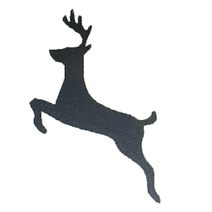 Puede incluir: Silueta de un ciervo negro con cuernos saltando en el aire sobre un fondo blanco.