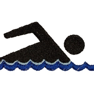 May include: Black silhouette of a swimmer with blue and white waves below. The swimmer is in a freestyle stroke position.