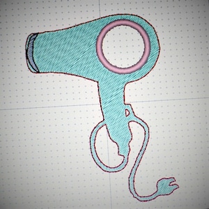 May include: A teal blue hairdryer with a pink circle around the air intake. The hairdryer has a long cord that wraps around the handle.