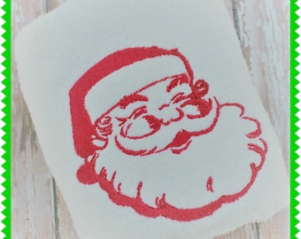 May include: Red embroidered Santa Claus face with a white background.
