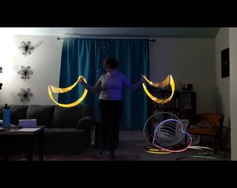 Raye of Rainn, shapes, Shape hoop, hula hoop Single or double cresent moon hoop, refelctive, performance, decorative, bare, taped