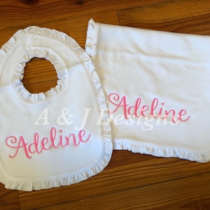 Baby Girl Monogrammed Ruffle Burp Cloth and Bib Set