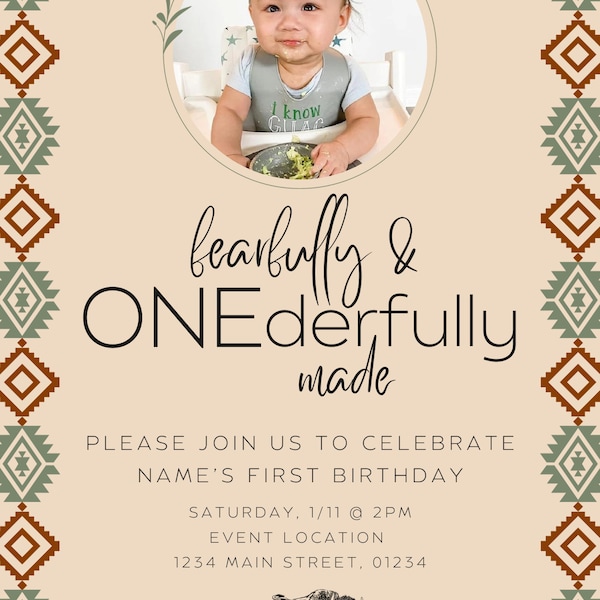Editable Template Download: Fearfully and ONEderfully Made- Aztec Bison Boho Birthday Photo Invitation Digital File