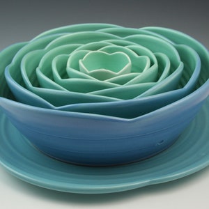 Awesome very cool Succulent 8 piece Bowl Set, handmade floral inspired pottery nesting bowl centerpiece "Ranunculus"