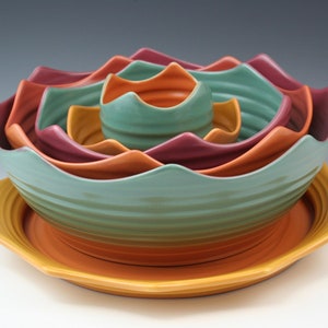 Green and red 6 piece Bowl Set, succulent inspired handmade ceramic centerpiece, handmade pottery- "Desert Thistle"