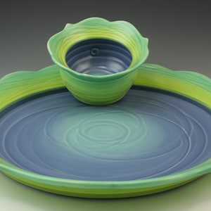 Chip and Dip, handmade ceramic Platter with bowl, pottery platter - "Server Set- Moonset"