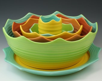 Succulents Bowl Set, Nesting Bowls 6 pc Set, succulent inspired Bowl Centerpiece "Summer Thistle"