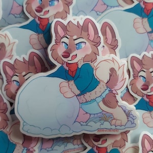 May include: A set of colorful stickers featuring cartoon husky dogs wearing winter clothing. The stickers are printed on white paper and have a glossy finish. One sticker shows a husky dog rolling a snowball.