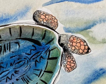 Turtle Original Watercolor Painting, Sea Turtle Wall Art, 6x6" Sm. Blue Green & Yellow Turtle in the Water Artwork, Sea LifeTurtle Painting