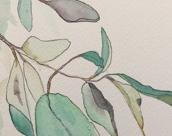 Greens & Violet Leaves Original Watercolor Painting, Crab Apple Tree Branch, OOAK Leaf Painting, Fresh Simplistic Artwork, Original Wall Art