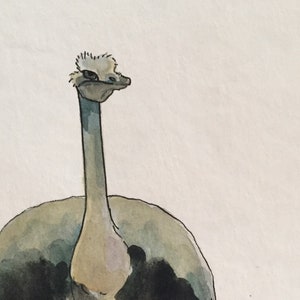 Ostrich Bird Original Watercolor, Green Brown & Blue Minimalist Camel-Bird Painting, Tall Long Legged Bird OOAK Wall Art, Ostrich Painting