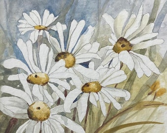 Original Daisy Watercolor Painting, Botanical Floral Watercolor, Flower Garden Artwork, White and Yellow Flowers, New Mom Daisy Wall Art
