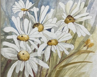 Original Daisy Watercolor Painting, Floral Watercolor, Flower Garden Artwork, White and Yellow Flowers, Stephanie Littleton