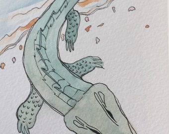 Alligator Original Watercolor Painting, Reptile Animal Art, Reptilian Gator or Crocodile Artwork, 4x6 Nursery Artwork, Baby Shower Gift