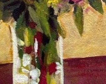 Pink Floral Still Life Painting, Original Acrylic Impressionistic Artwork, Burgundy & Gold Flower Wall Decor, Fresh Flower Arrangement Art