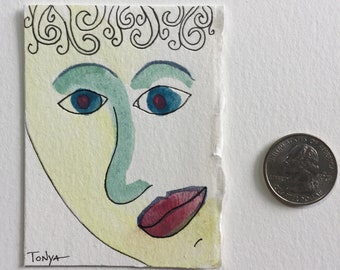 Whimsy Mini Collectible Art Whimsical Face Original ACEO Watercolor Painting Female Figure Whimsical Portrait Small Green and Yellow ATC