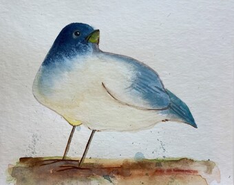 Blue Bird, Whimsical Bird Art Original Watercolor Painting, 8x8" Small Blue Miniature Stylized Bird Wall Art, Pajaroart Winged Fantasy