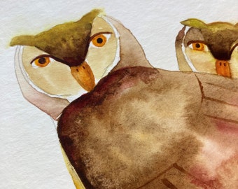 Original Owl Watercolor Painting, Momma & Baby Owl Pair in Shades of Brown, Owl Wall Art, Original Artwork,