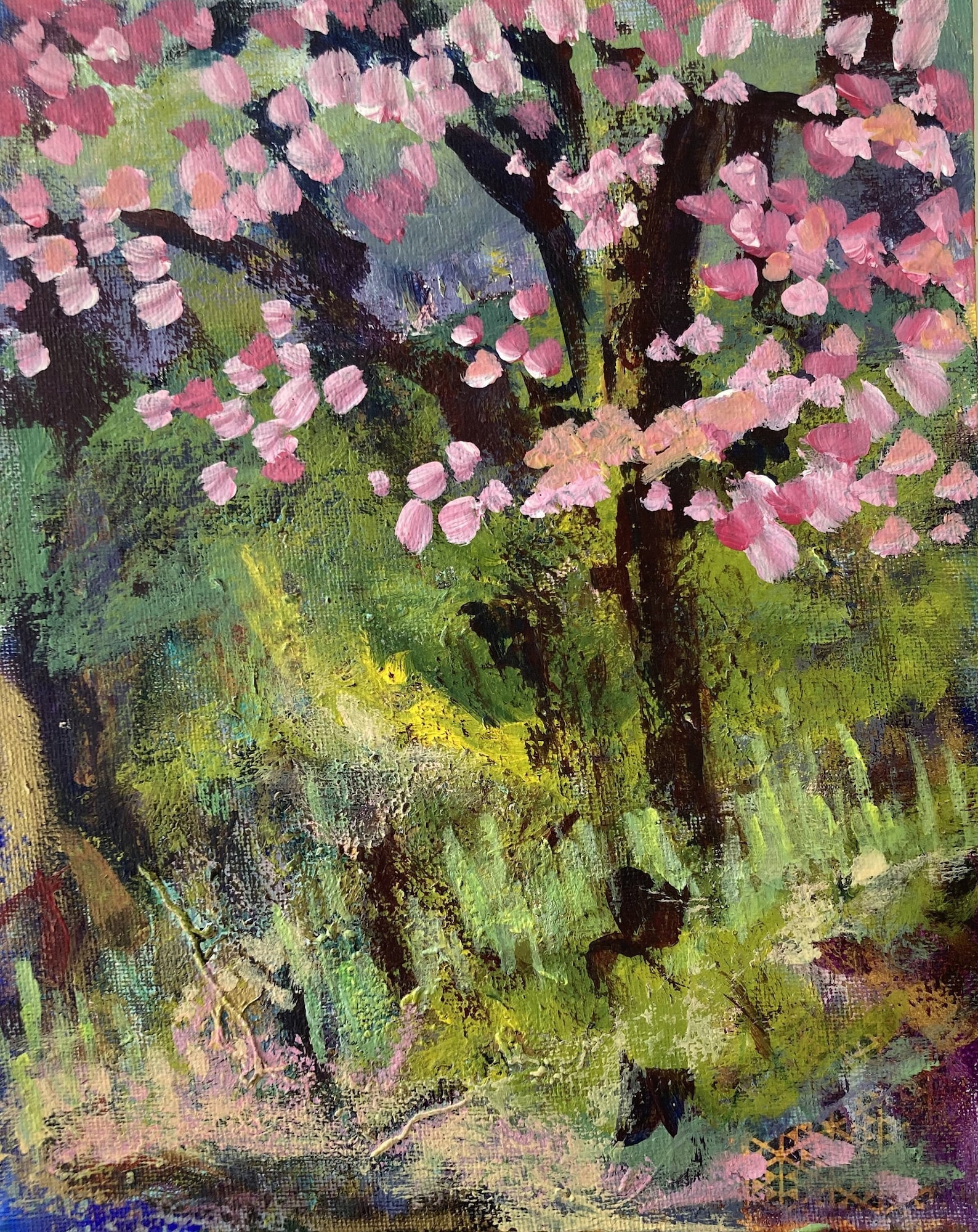 Pink Cherry Blossom Landscape Painting, Original Abstract Floral ...