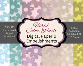 Multi Colored Floral Downloadable Paper Pack, Artsy Flower Digital Stationery Kit, Botanical Junk Journal Pages, Crafting Tag Embelishments