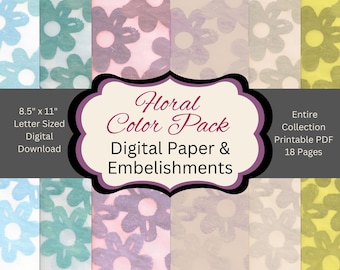 Könnte beinhalten: Ein digitales Papier- und Verzierungspaket mit einem floralen Design. Das Paket enthält 18 Seiten druckbarer PDF-Dateien in vier Farben: Blau, Rosa, Grau und Gelb. Der Text auf dem Bild lautet: "Floral Color Pack, Digital Paper & Embellishments, Entire Collection, Printable PDF, 18 Pages".