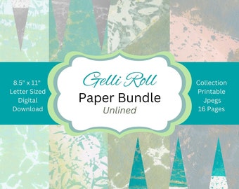 May include: A digital paper bundle with abstract patterns in green, blue, and grey. The image text says "Gelli Roll Paper Bundle" and "8.5" x 11" Letter Sized Digital Download". The bundle contains 16 printable Jpegs.