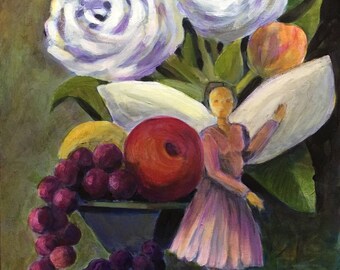 Still Life Floral Bouquet Painting, Pink Fairy Artwork, Fruit Bowl & Flowers Original Acrylic Wall Art, Fairie and Flowers Acrylic Painting