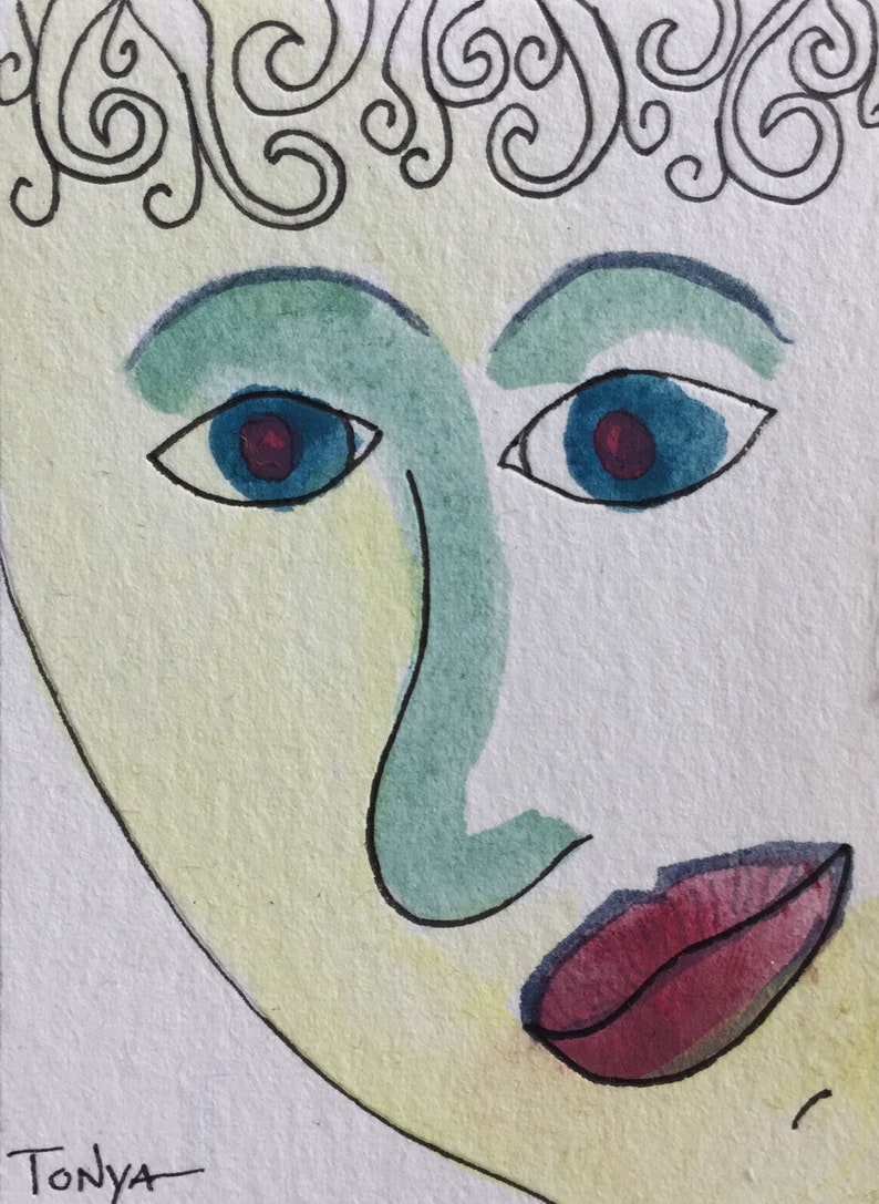 Whimsy Mini Collectible Art Whimsical Face Original ACEO Watercolor Painting Female Figure Whimsical Portrait Small Green and Yellow ATC