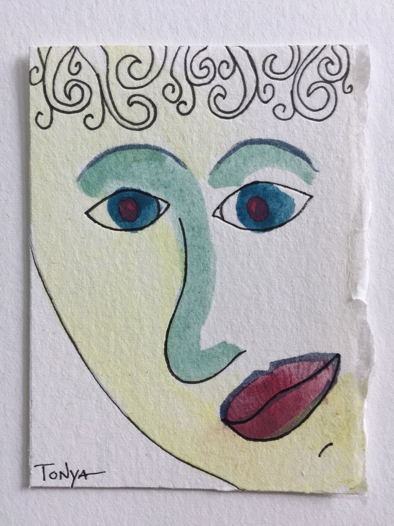 Whimsy Mini Collectible Art Whimsical Face Original ACEO Watercolor Painting Female Figure Whimsical Portrait Small Green and Yellow ATC