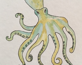 Original Octopus Watercolor Painting, Teal Green Pen and Ink Art (4x6 Unmatted)