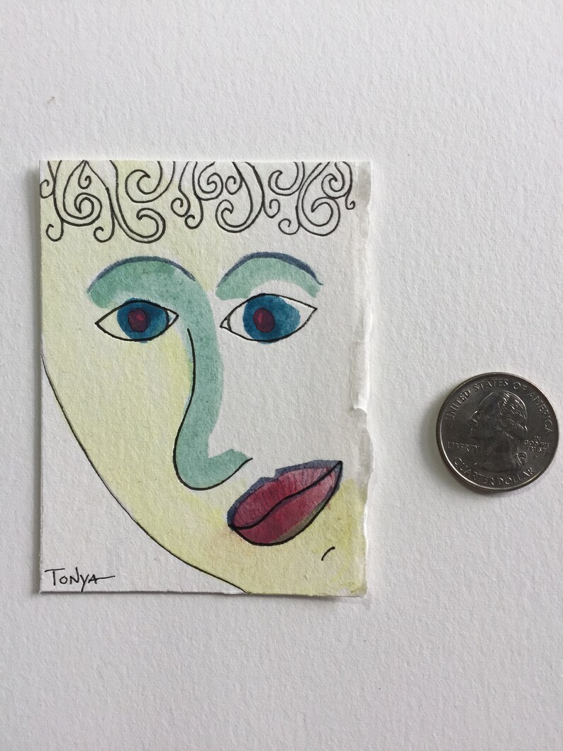 Whimsy Mini Collectible Art Whimsical Face Original ACEO Watercolor Painting Female Figure Whimsical Portrait Small Green and Yellow ATC