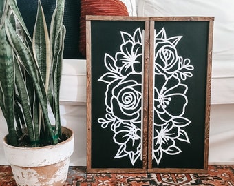 Set of Two | Floral Design | Boho Decor | Farmhouse Decor | MCM | Modern Decor | Bohemian | Wood Sign | Frame | Wall art | Farmhouse |