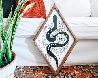 Floral Snake Diamond | Boho Decor | Hippie Decor | MCM | Modern Decor | Bohemian | Wood Sign | Frame | Wall art | Eclectic | Boho Snake Sign