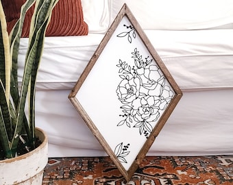 Floral Diamond | Floral Design | Boho Decor | Hippie Decor | MCM | Modern Decor | Bohemian | Wood Sign | Frame | Wall art | Eclectic | Sign