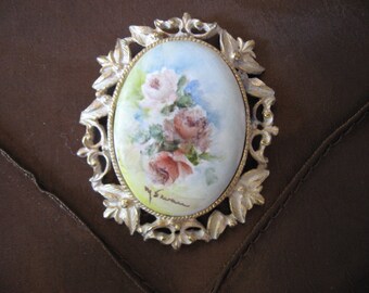 Vintage 1970's  Hand Painted Three Pink Roses Brooch Signed by M. Swanson