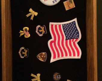 Oak Shadow Box with Operation Desert Storm Lapel Pins and Buttons