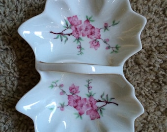 Vintage divided candy/nut dish pink flower pattern by Mitterteich Bavaria Germany.