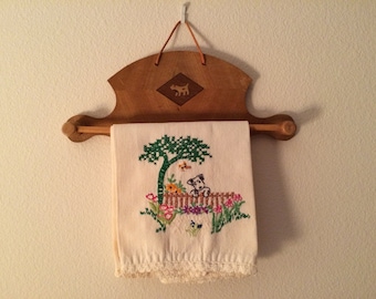 Vintage Children's Hanging Doggie Towel Holder and Embroidered Large Linen Doggie Hand Towel
