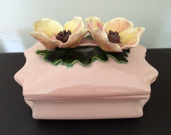 Vintage Dresser Box/Keepsake/Jewelry Two-Tone Pink and Brown with Magnolias