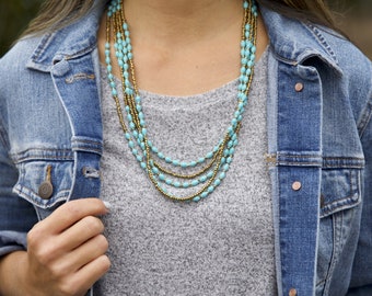 Light Blue & Gold Necklace / Classy Long Necklace / Because of Hope // Ruth Necklace